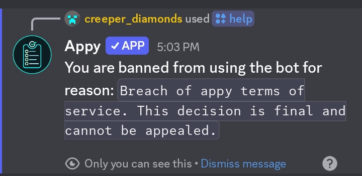 Discord の認証済みボットがスラッシュコマンドに返信している画面。英語で「You are banned from using the bot. This decision is final and cannot be appealed.」と表示されている。